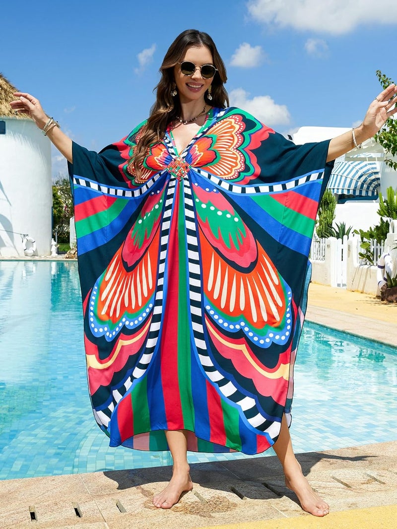 IMAGEKOPE Women's Plus Size Animal Print V-Neck Batwing Kaftan Beach Dress Bathing Suit Cover-Up Loungewear - Image 3